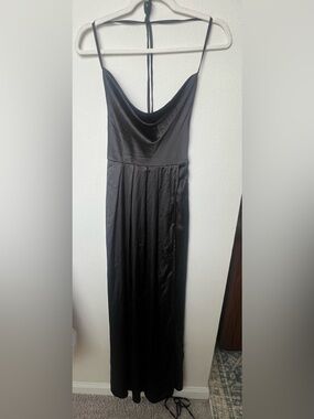 Black Thin Satin Cowl Neck Evening Dress